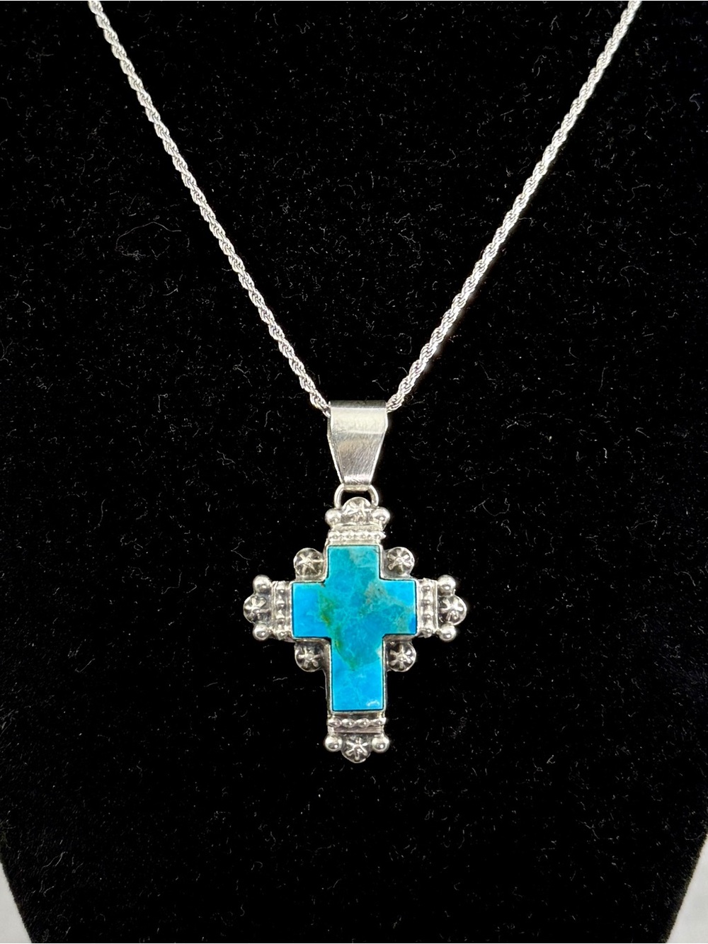 GARY G SANCHEZ Artisan Sterling Silver Turquoise Block Cross Pendant Necklace